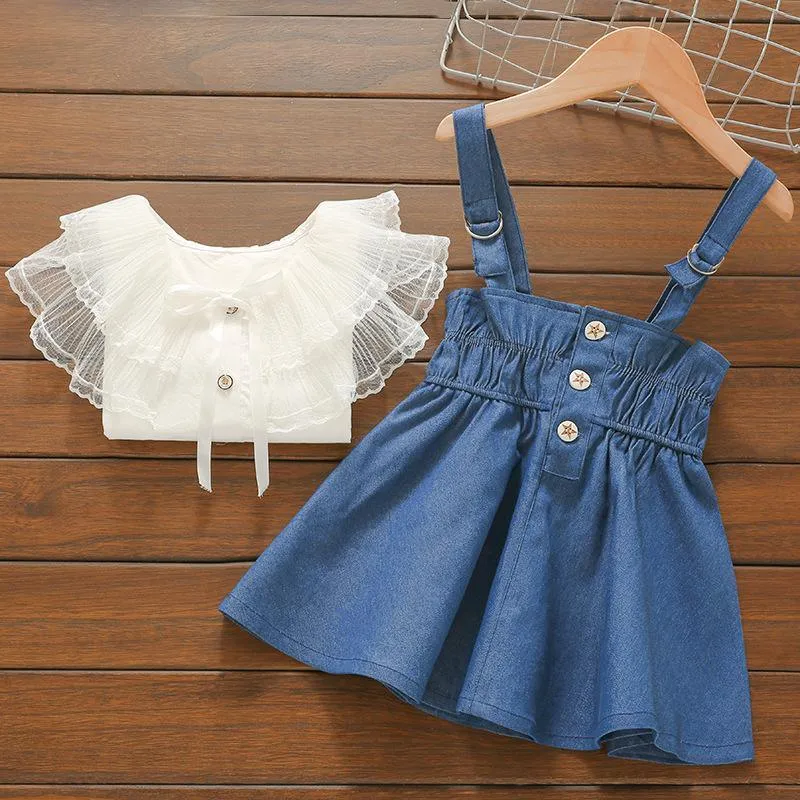 2-piece Solid Lace Blouse & Dungarees for Toddler Girl