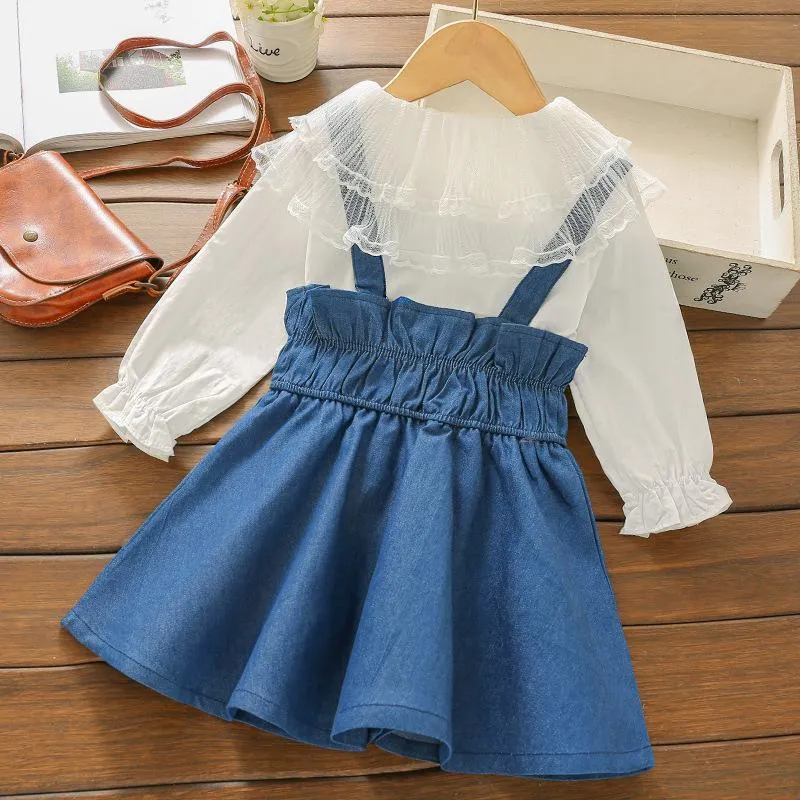 2-piece Solid Lace Blouse & Dungarees for Toddler Girl