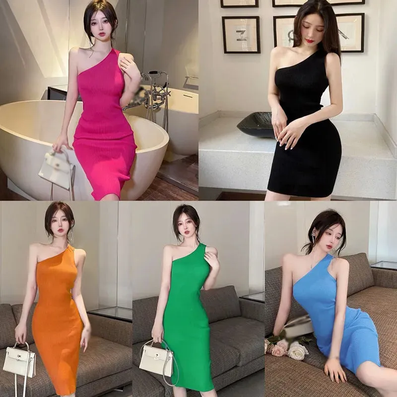 2024 Summer Elegant New Korean Solid Color Skew Shoulder Stylish Slim Fit Sexy Knitted Sleeveless Tank Top Dress