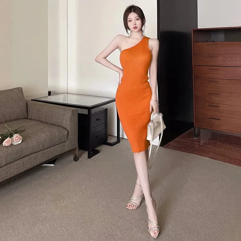 2024 Summer Elegant New Korean Solid Color Skew Shoulder Stylish Slim Fit Sexy Knitted Sleeveless Tank Top Dress