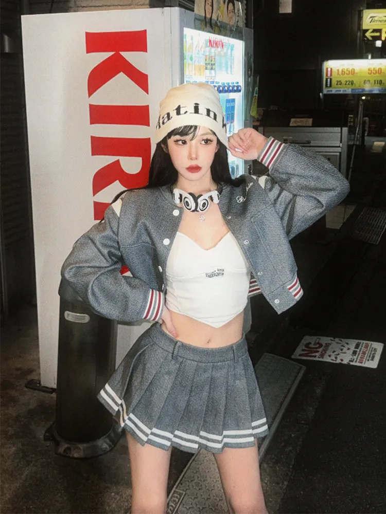 【24s Sep.】Preppy Style Short Baseball Jacket Pleated Skirt Suit