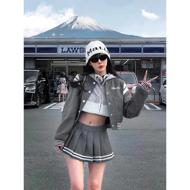 【24s Sep.】Preppy Style Short Baseball Jacket Pleated Skirt Suit