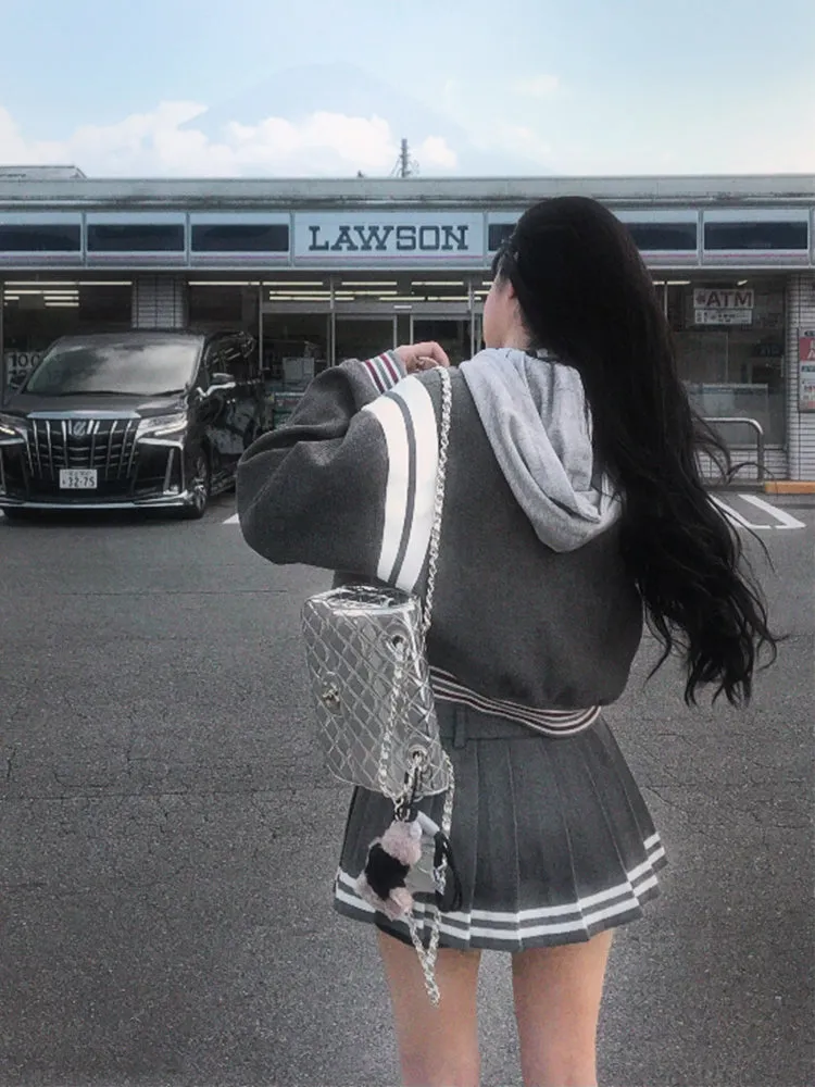 【24s Sep.】Preppy Style Short Baseball Jacket Pleated Skirt Suit