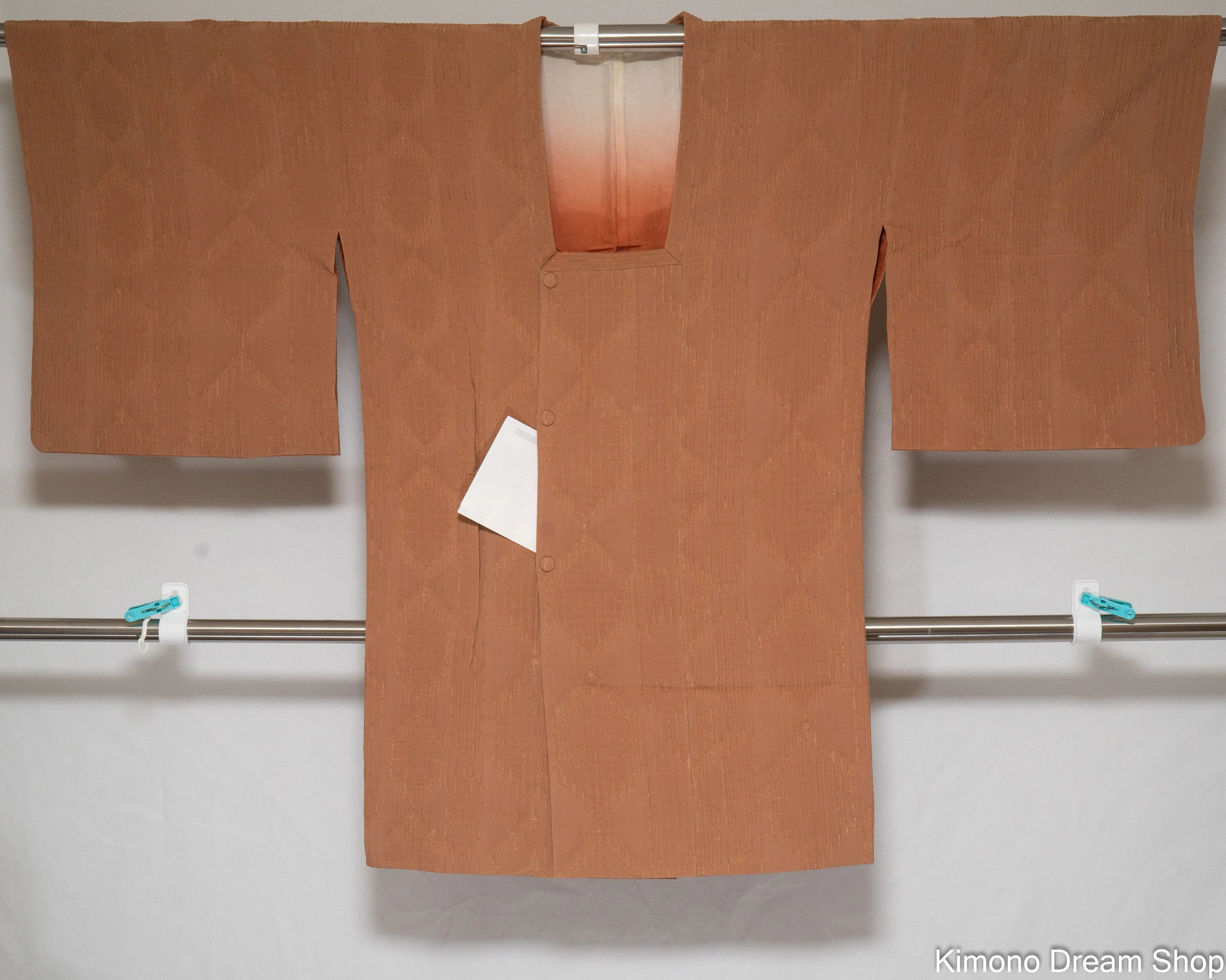 60s Silk. Brown Michiyuki - Retro Haori with Buttons & Pocket - Vintage Silk Kimono Jacket - Wood-like Diamonds Squares Made Out of Stripes