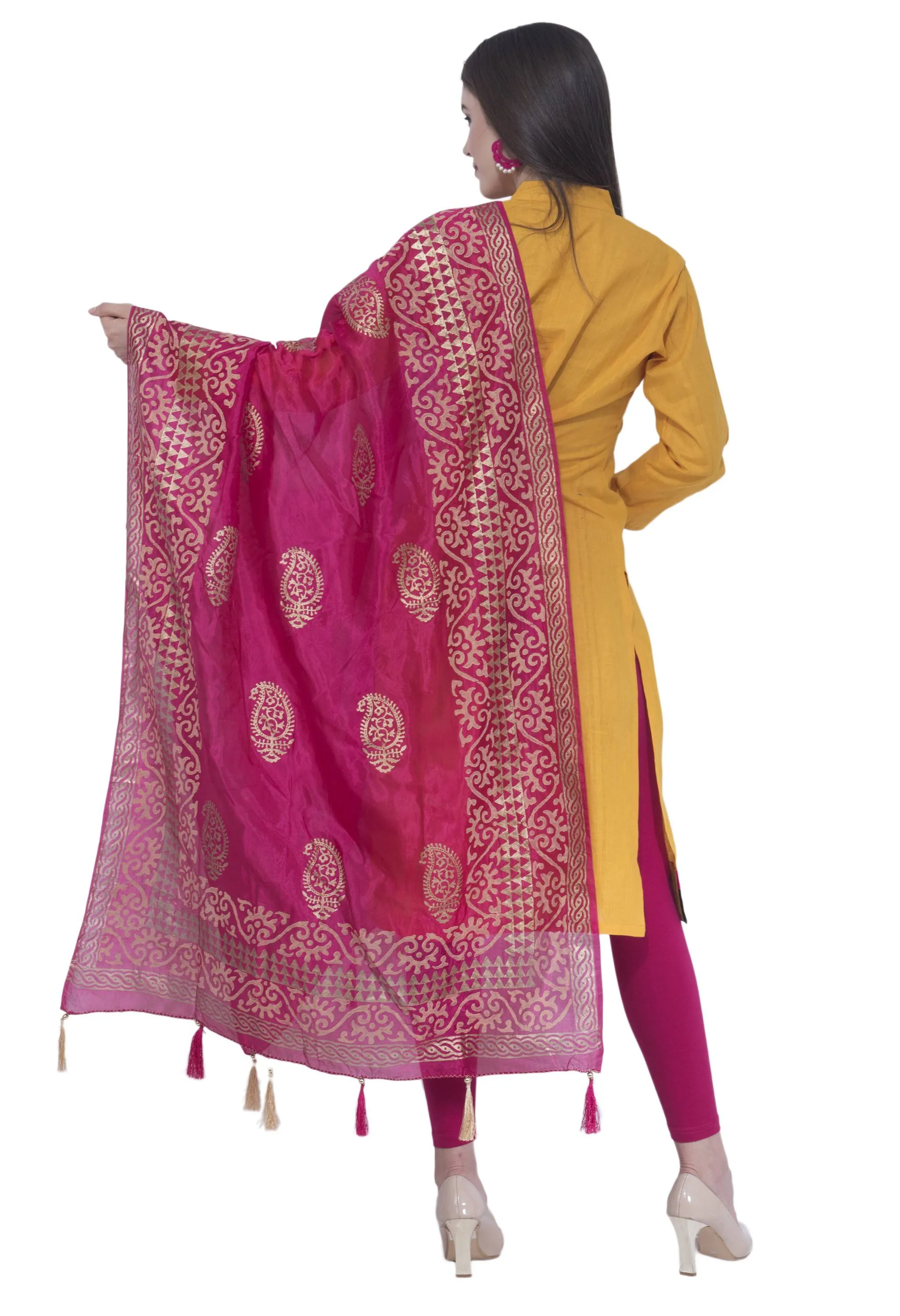 A R SILK Rani Color Silk Pahadi Print Dupattas and Chunnis