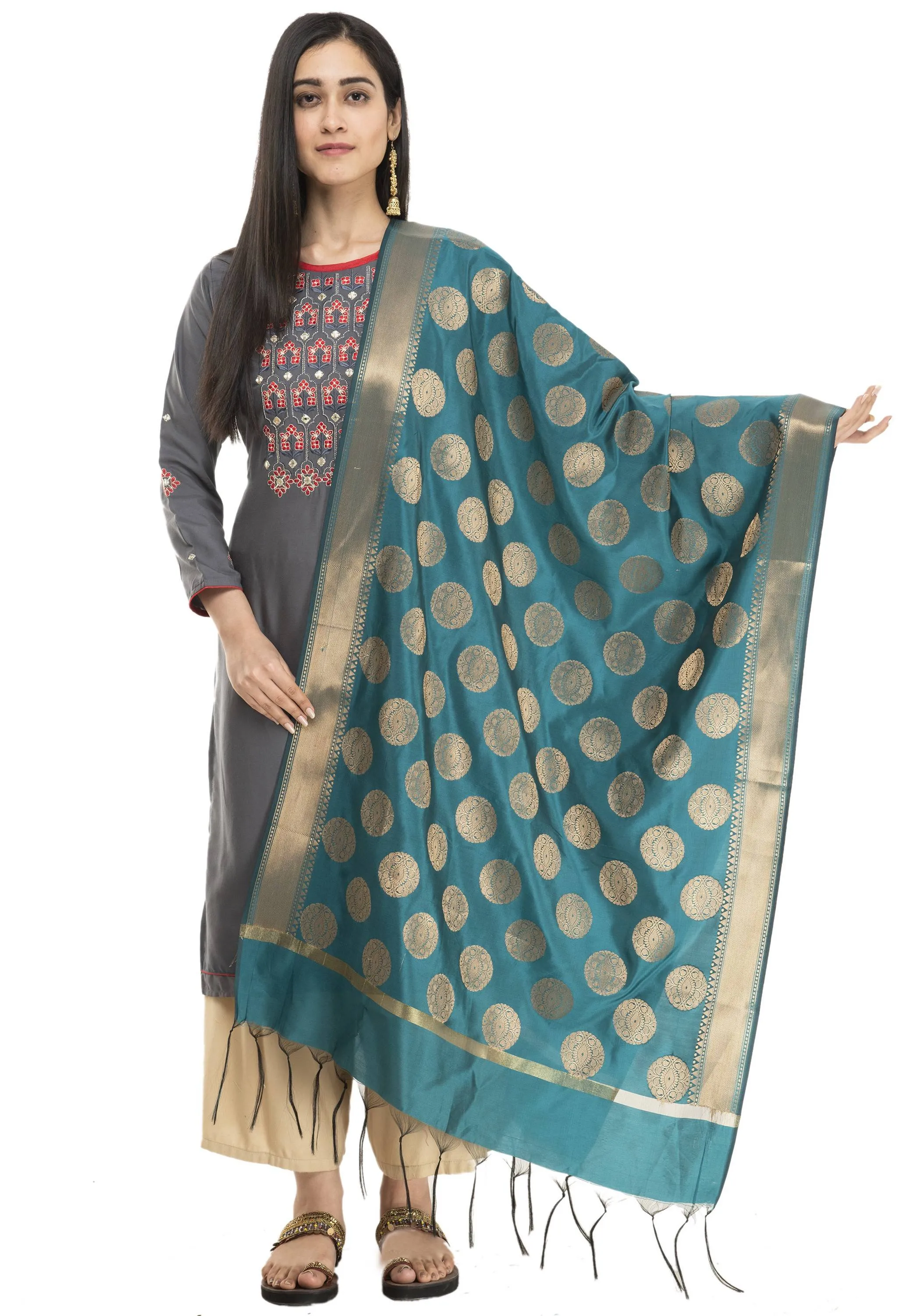 A R Silk Women's Tapeta Silk Zari Work Dark Rama Banarsi Silk Dupatta ARS0408