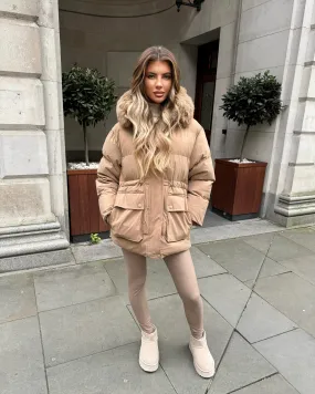 Aaliyah Padded Faux Fur Hooded Coat - Camel