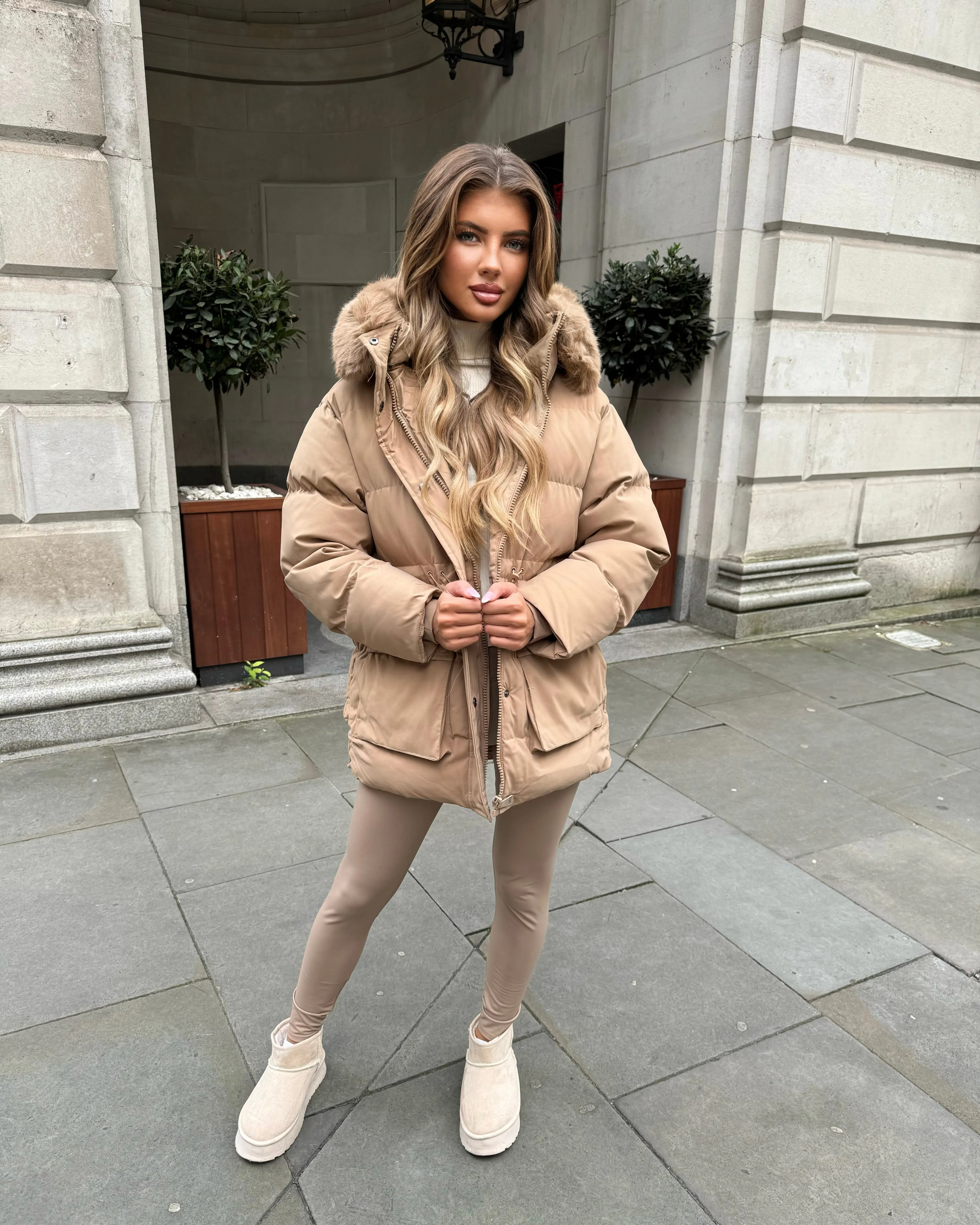 Aaliyah Padded Faux Fur Hooded Coat - Camel