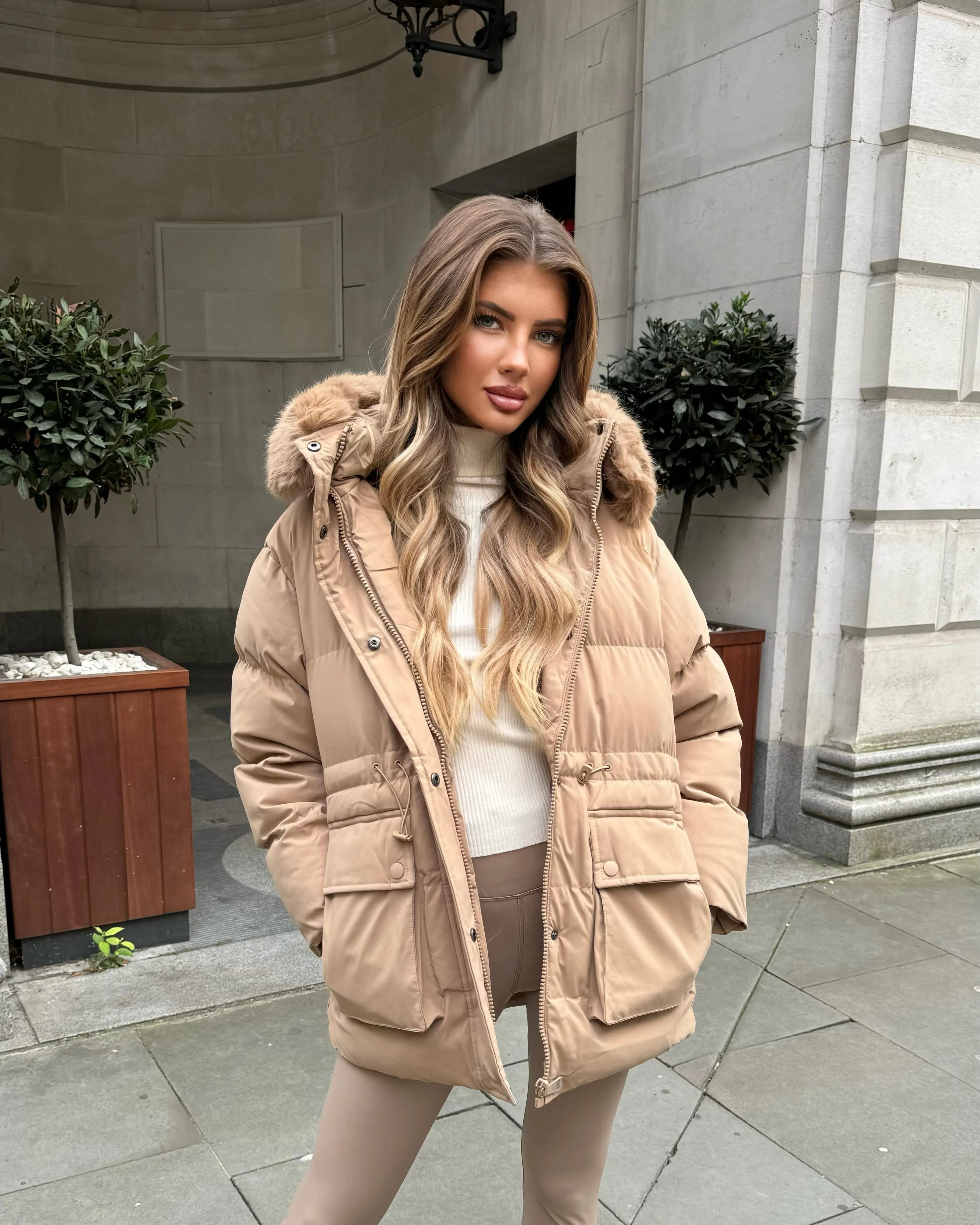 Aaliyah Padded Faux Fur Hooded Coat - Camel