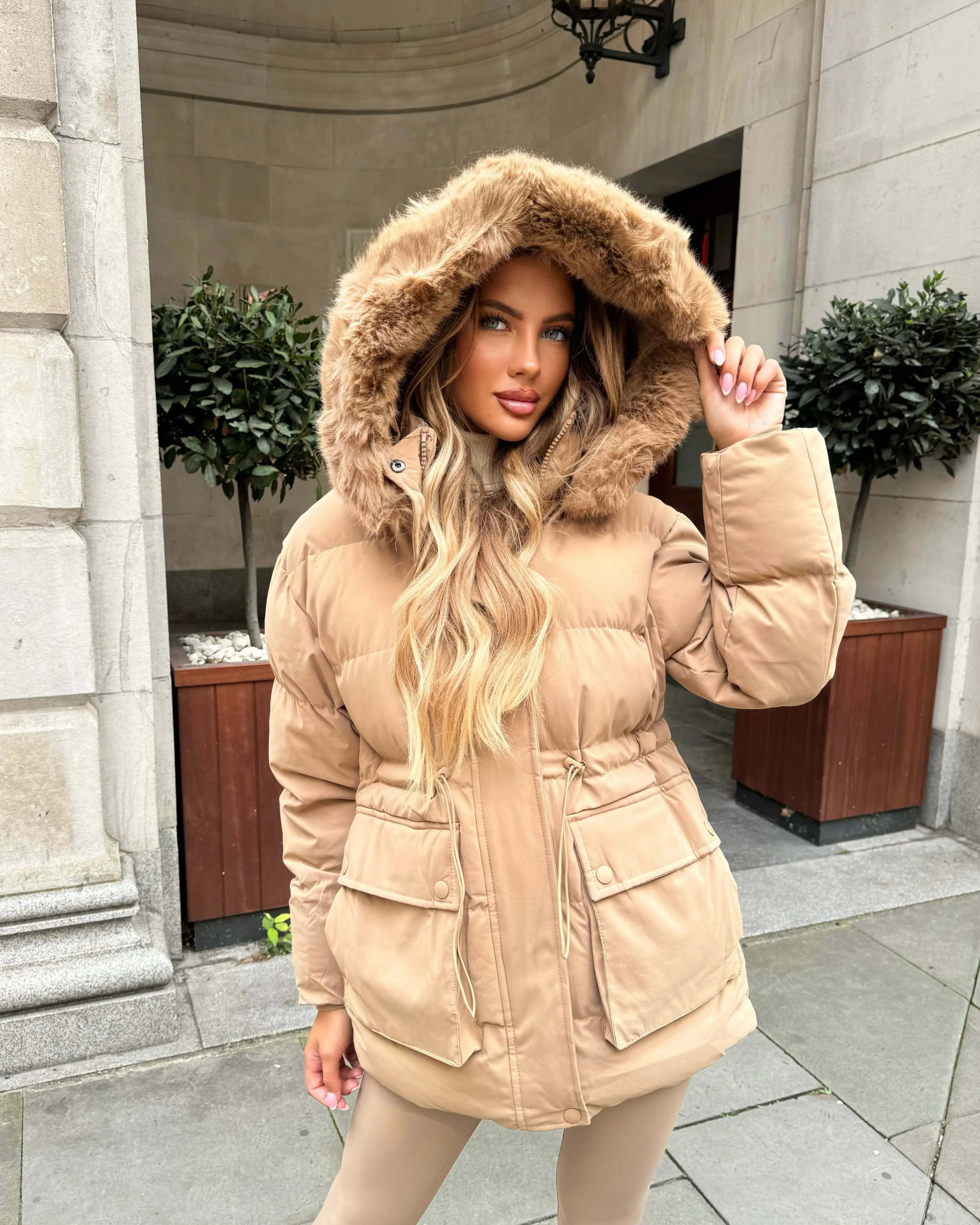 Aaliyah Padded Faux Fur Hooded Coat - Camel