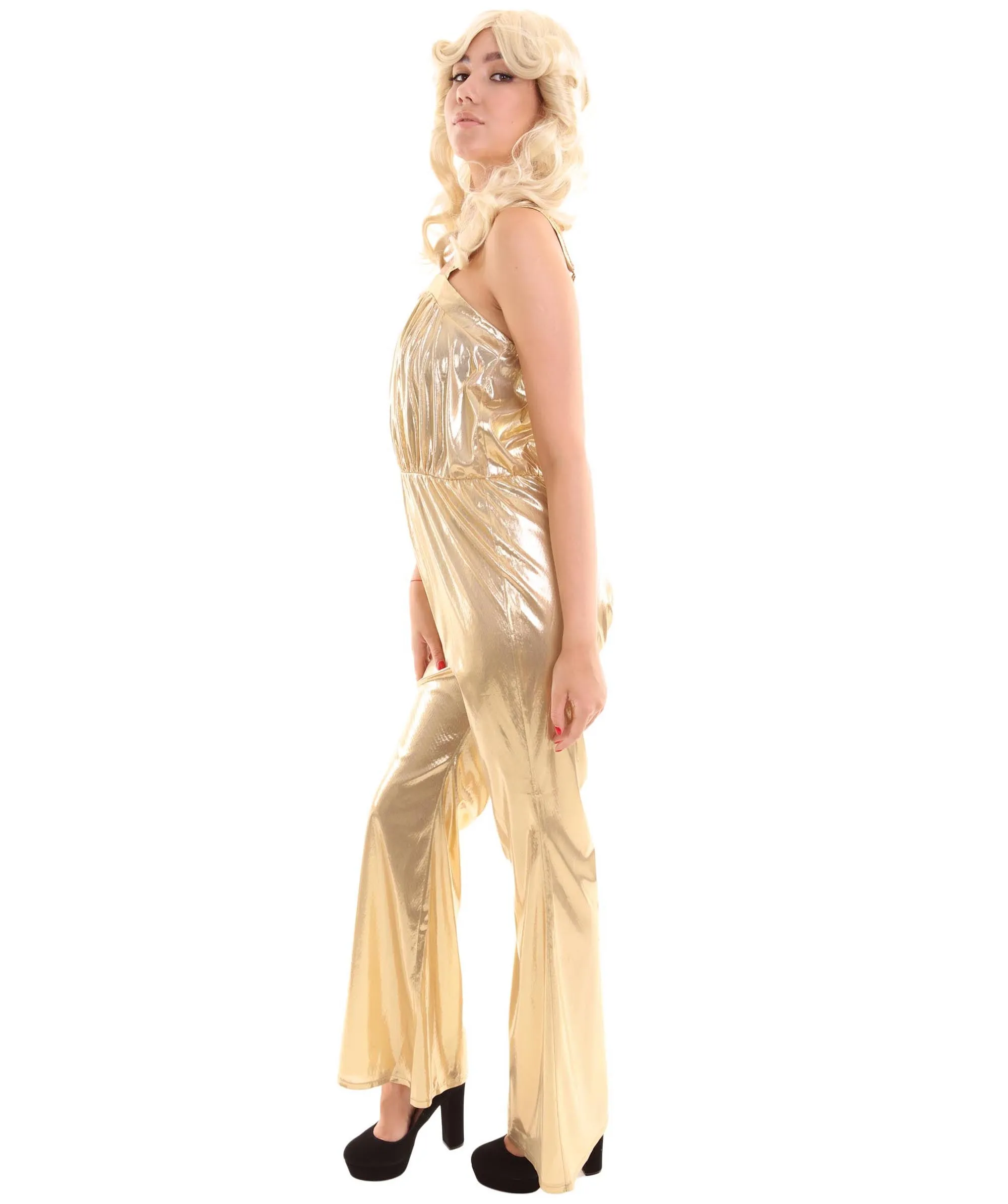 Adult Women's 70's Disco Jumpsuit Costume | Gold Cosplay Costume