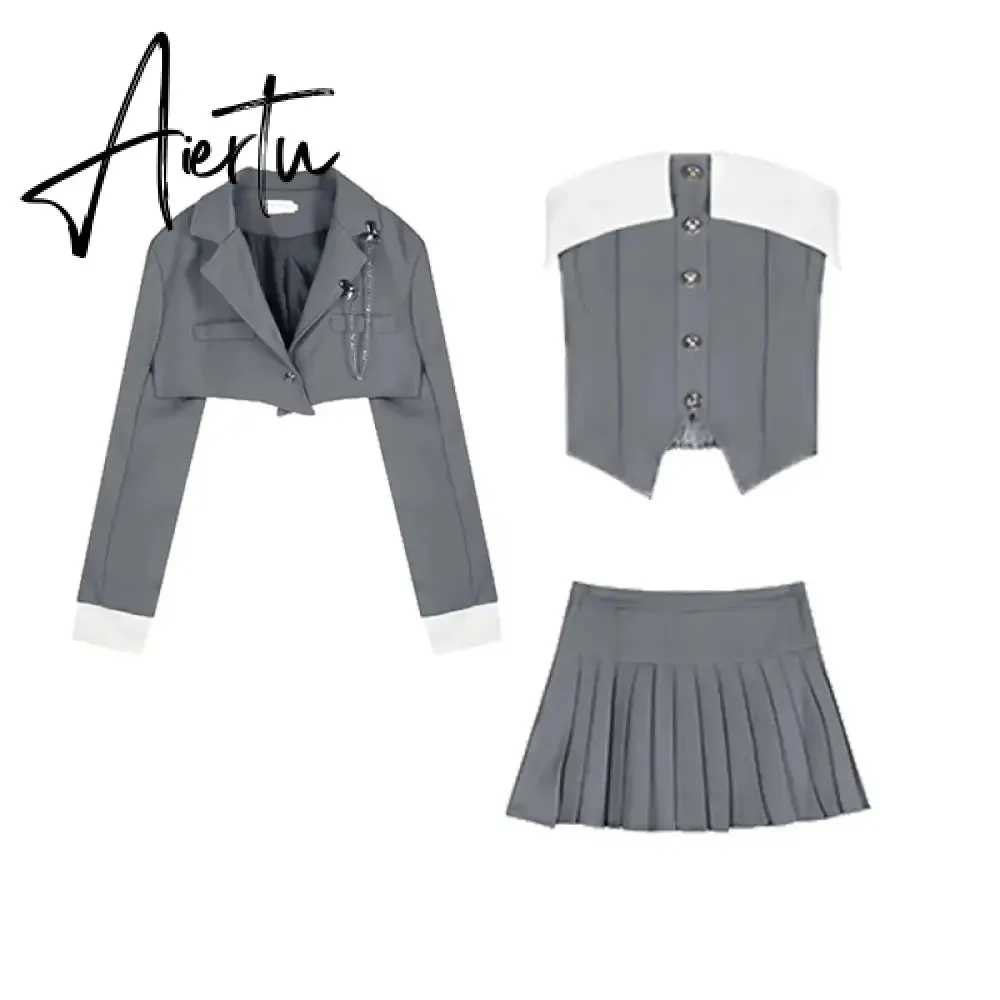 Aiertu Preppy Style Elegant 3 Piece Set Women Chic Patchwork Casual Blazer Skirt Suit Female Korean Fashion Design Sweet Sets 2024 New