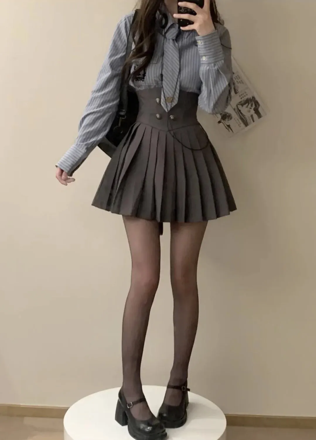 Aiertu Spring 2024 Preppy Style American Uniform Set Girls Short Suit Coat Long Sleeve Striped Shirt Slim High Waist Pleated Skirt Grey