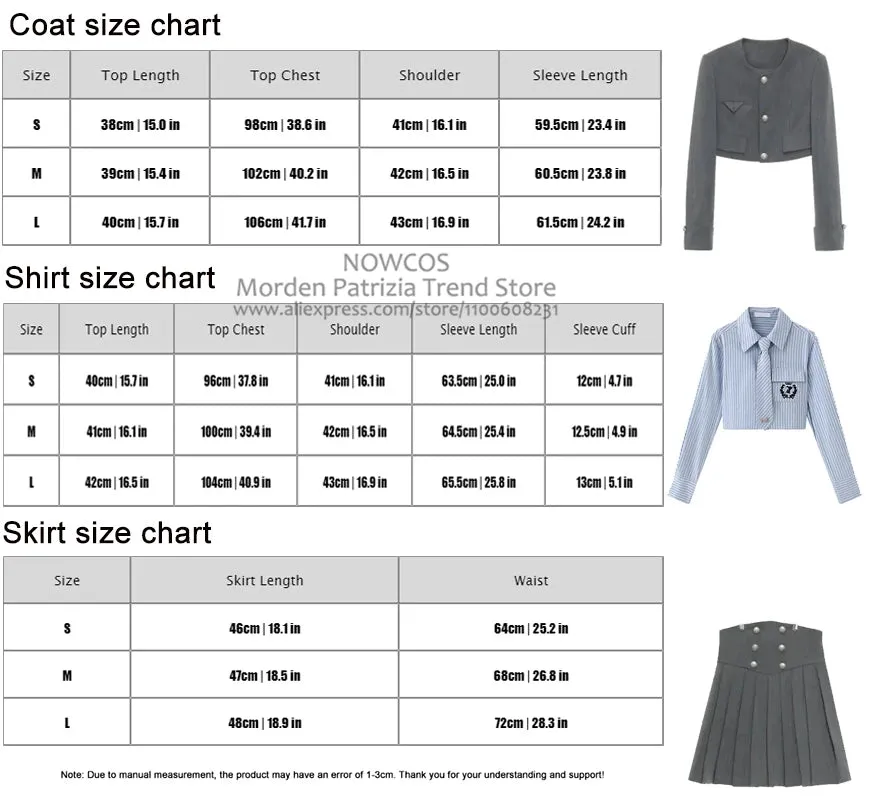 Aiertu Spring 2024 Preppy Style American Uniform Set Girls Short Suit Coat Long Sleeve Striped Shirt Slim High Waist Pleated Skirt Grey