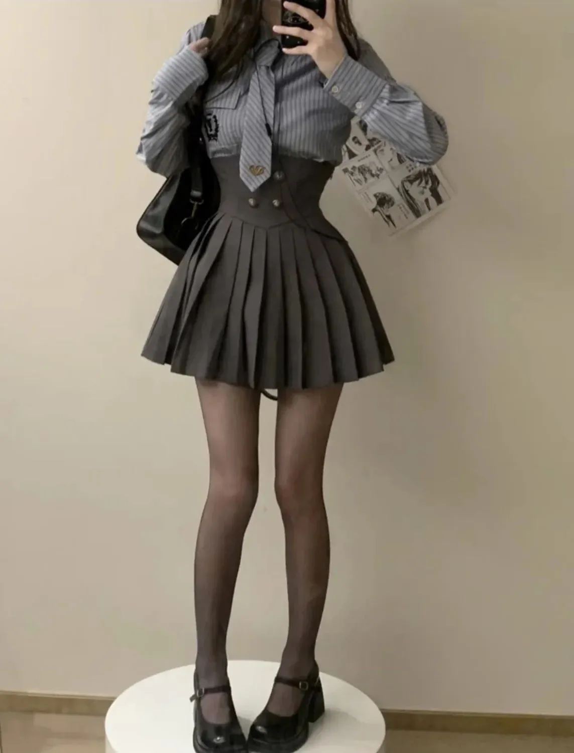 Aiertu Spring 2024 Preppy Style American Uniform Set Girls Short Suit Coat Long Sleeve Striped Shirt Slim High Waist Pleated Skirt Grey