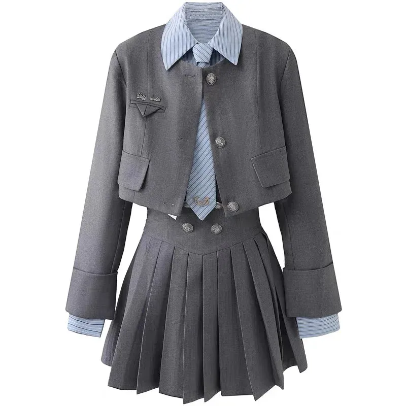 Aiertu Spring 2024 Preppy Style American Uniform Set Girls Short Suit Coat Long Sleeve Striped Shirt Slim High Waist Pleated Skirt Grey