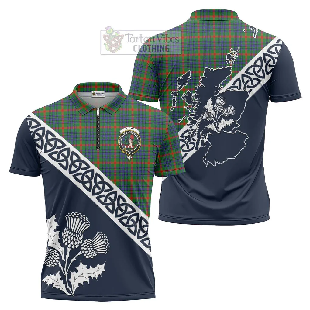 Aiton Tartan Zipper Polo Shirt Featuring Thistle and Scotland Map