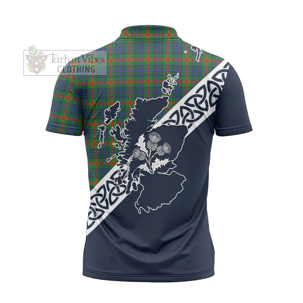 Aiton Tartan Zipper Polo Shirt Featuring Thistle and Scotland Map