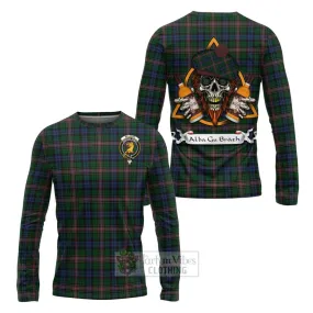 Allison Tartan Long Sleeve T-Shirt with Family Crest and Bearded Skull Holding Bottles of Whiskey