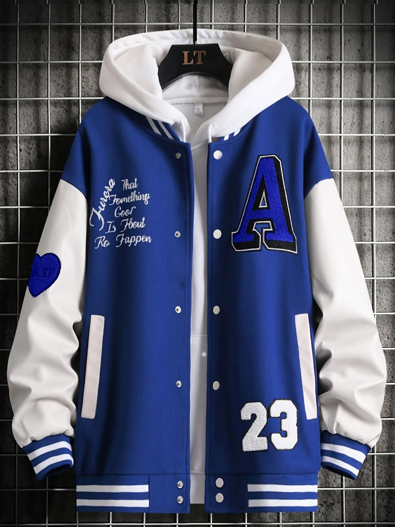 Alphabets Print Color Block Varsity Jackets, Men's Casual Baseball Collar Jacket Coat For Spring Fall