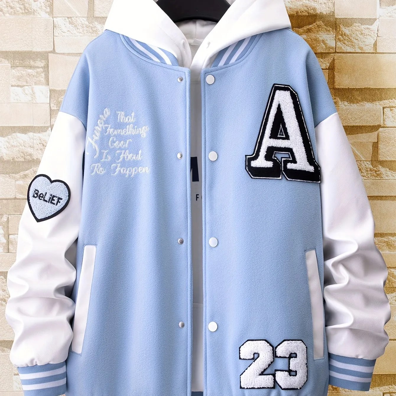 Alphabets Print Color Block Varsity Jackets, Men's Casual Baseball Collar Jacket Coat For Spring Fall