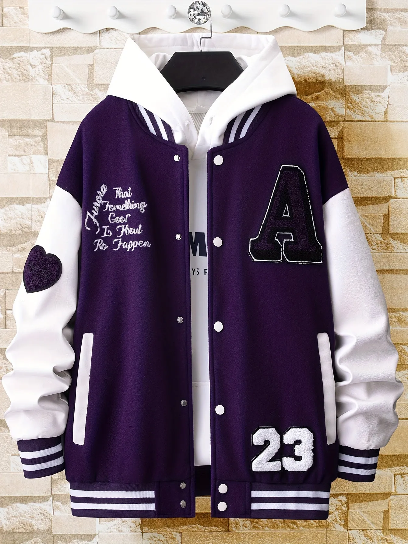 Alphabets Print Color Block Varsity Jackets, Men's Casual Baseball Collar Jacket Coat For Spring Fall