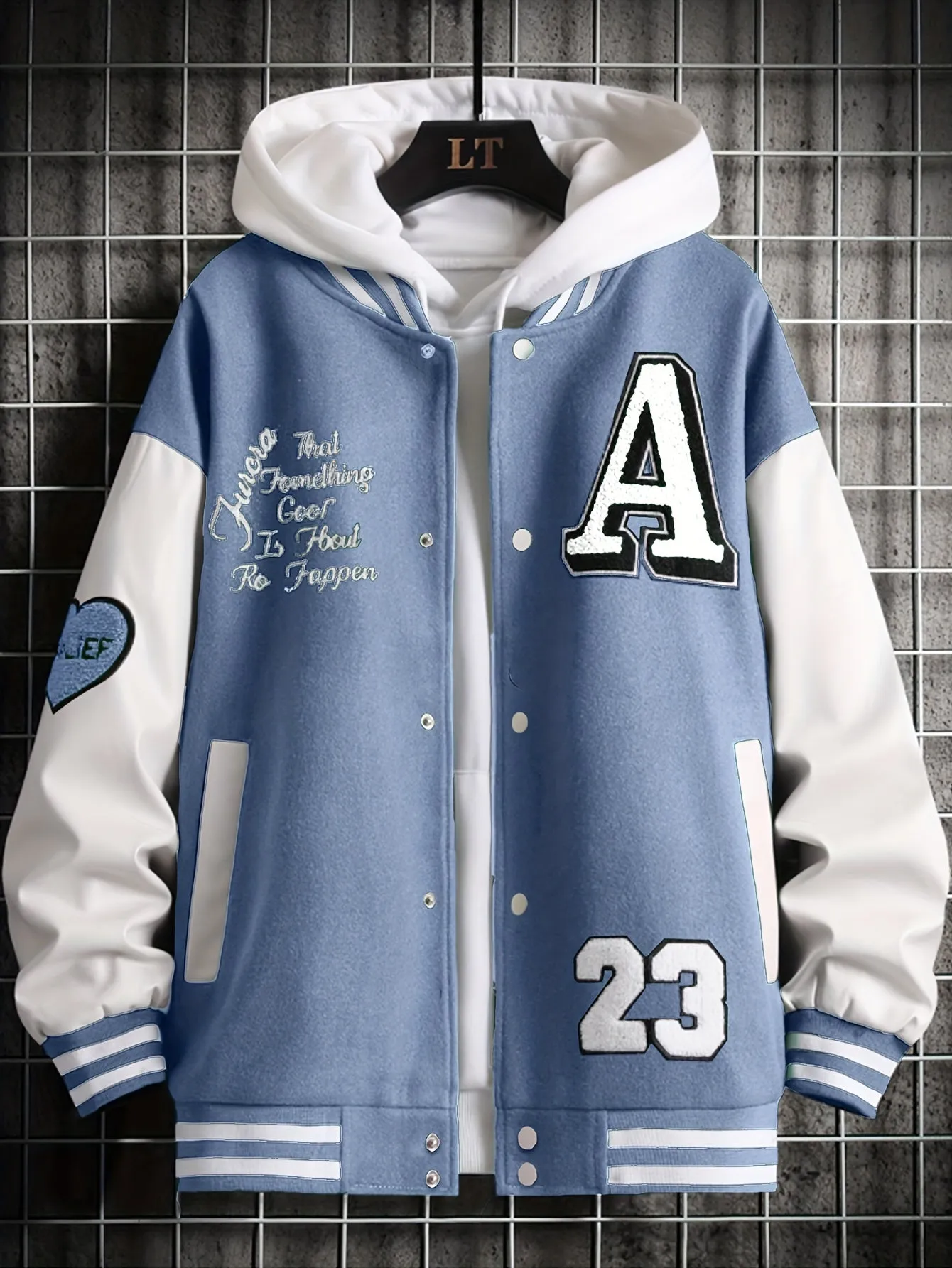 Alphabets Print Color Block Varsity Jackets, Men's Casual Baseball Collar Jacket Coat For Spring Fall