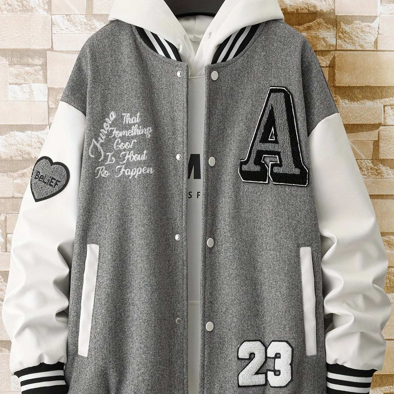 Alphabets Print Color Block Varsity Jackets, Men's Casual Baseball Collar Jacket Coat For Spring Fall