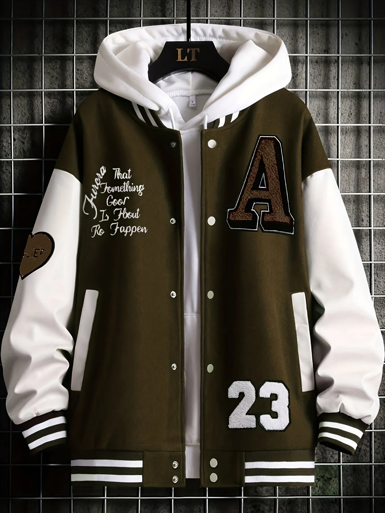 Alphabets Print Color Block Varsity Jackets, Men's Casual Baseball Collar Jacket Coat For Spring Fall