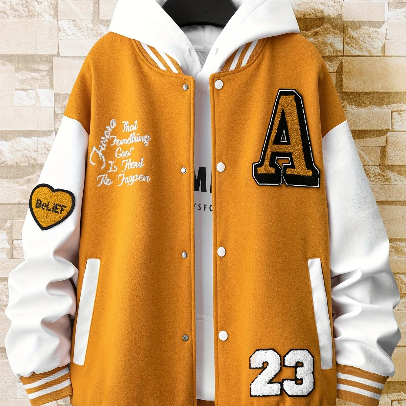 Alphabets Print Color Block Varsity Jackets, Men's Casual Baseball Collar Jacket Coat For Spring Fall