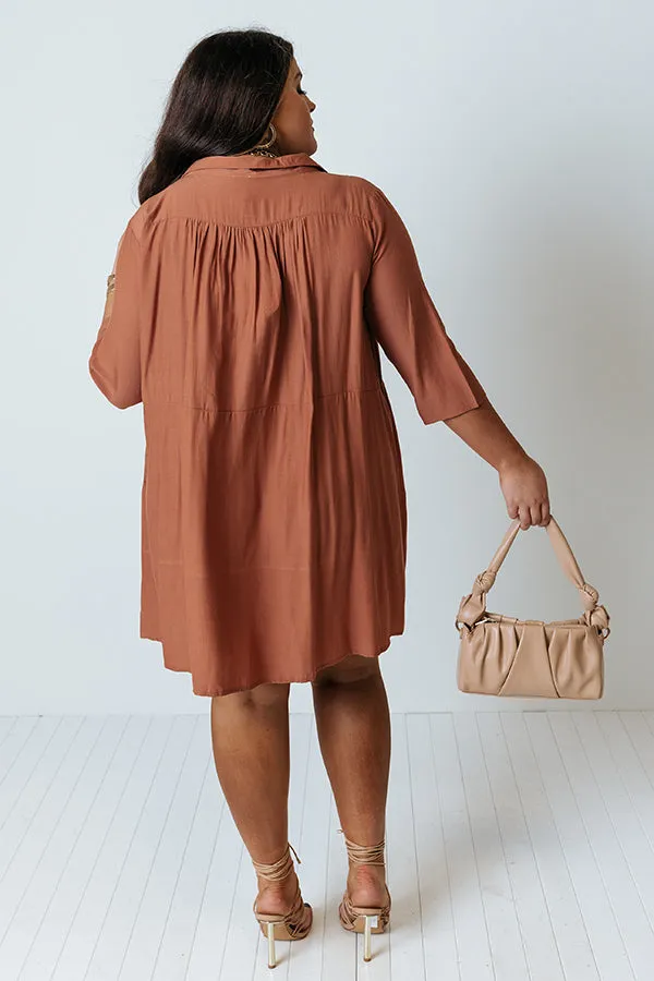 Always On Time Babydoll Tunic Dress In Rust Curves