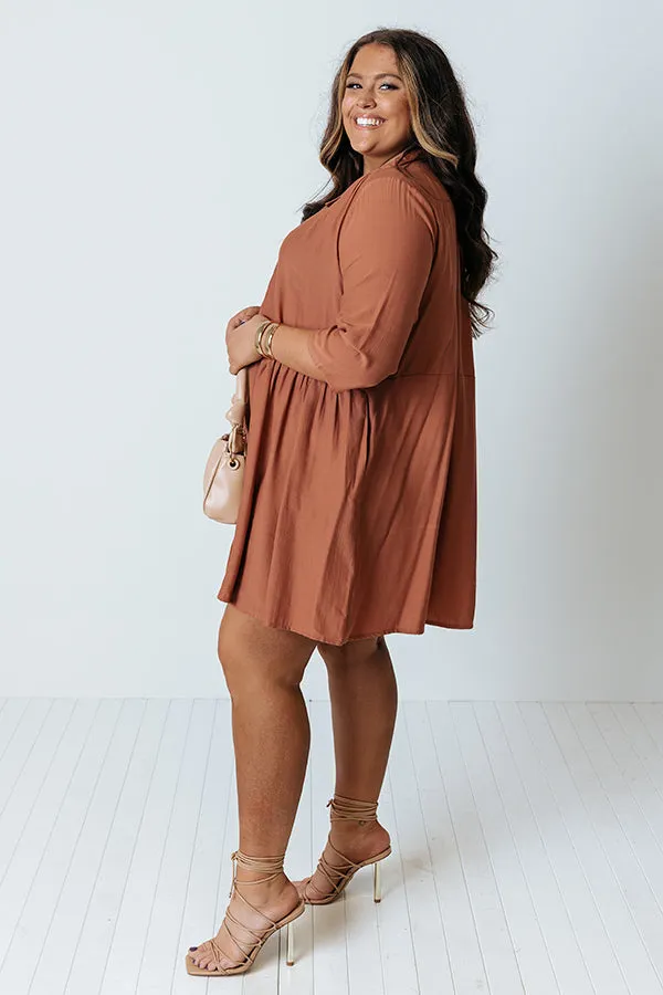 Always On Time Babydoll Tunic Dress In Rust Curves