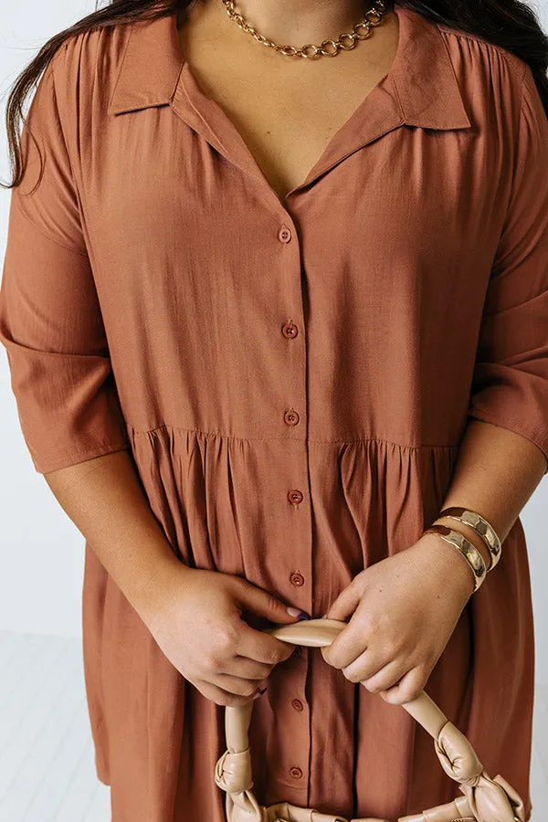 Always On Time Babydoll Tunic Dress In Rust Curves