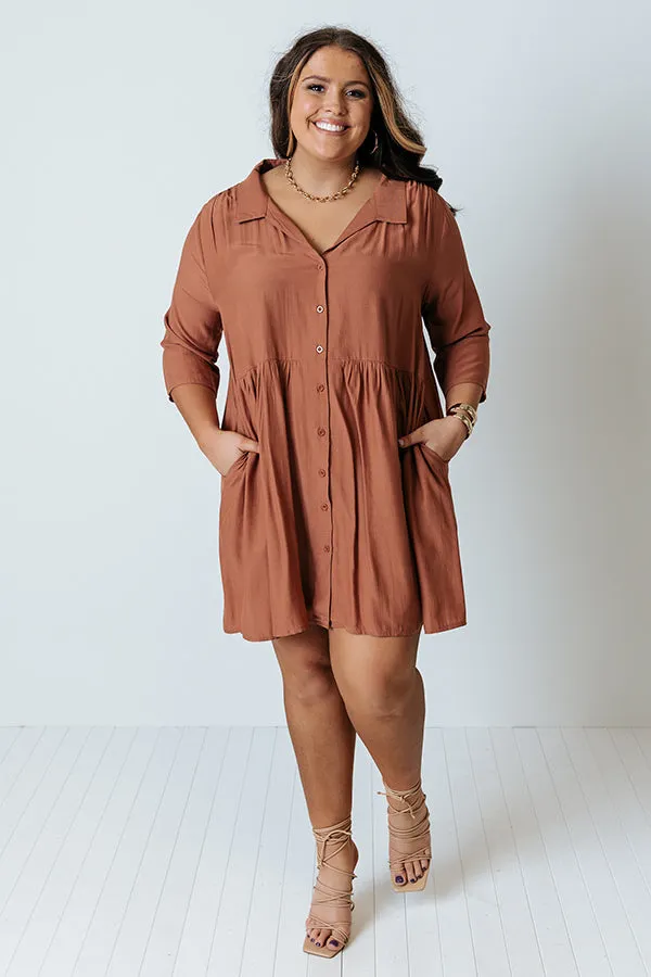 Always On Time Babydoll Tunic Dress In Rust Curves