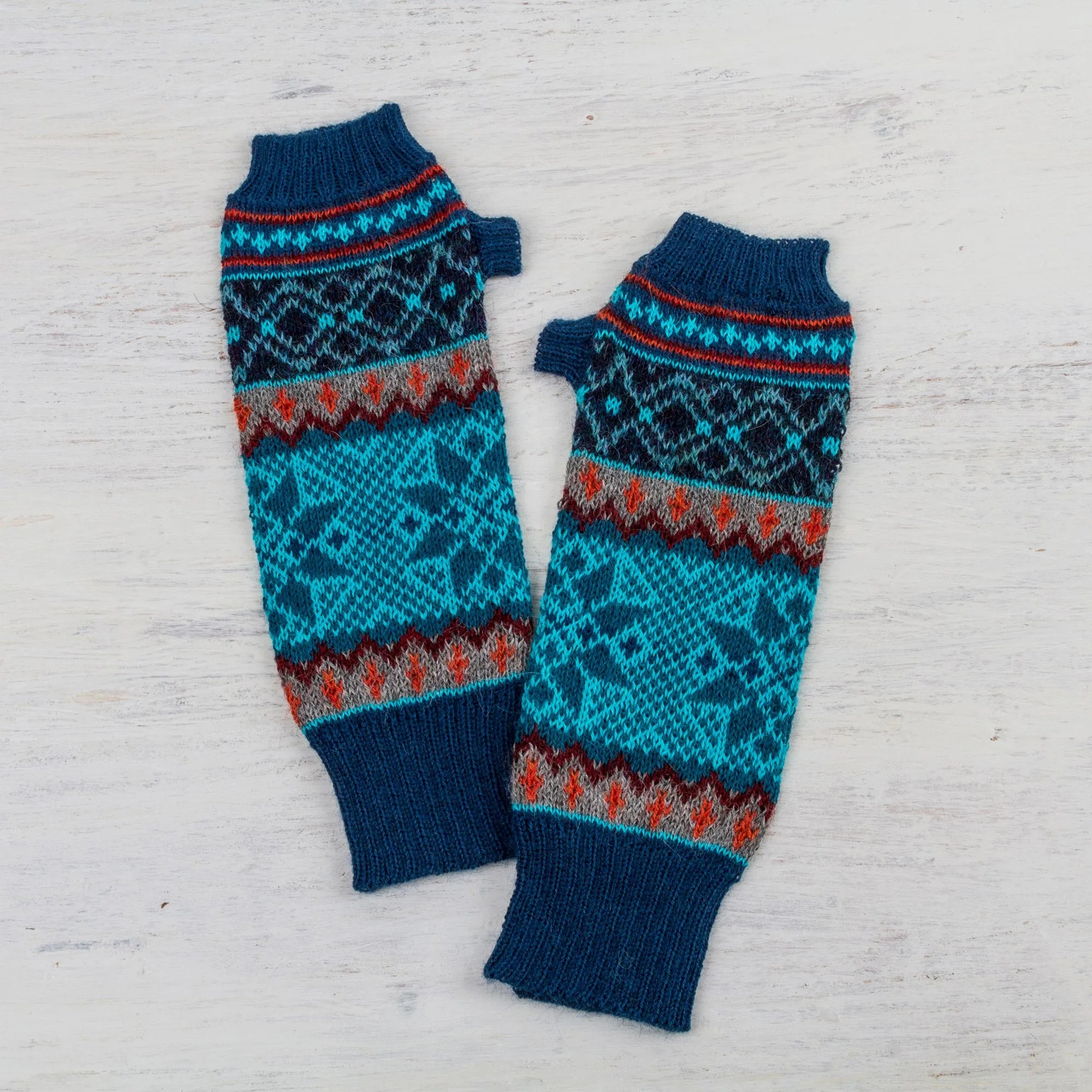 Andean Snowfall 100% Alpaca Fingerless Gloves in Azure and Smoke from Peru