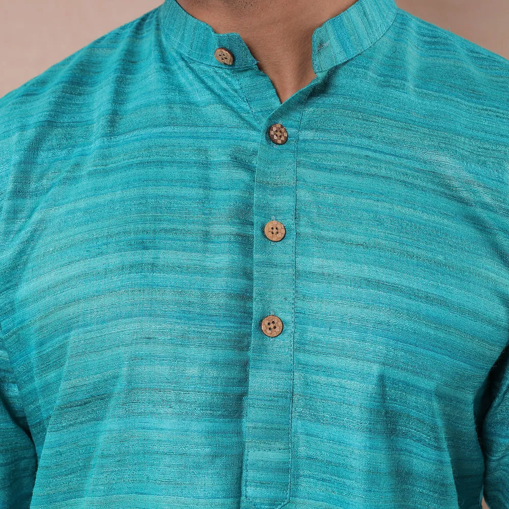 Aqua Blue - Men Tussar Ghicha Silk Handloom Long Kurta