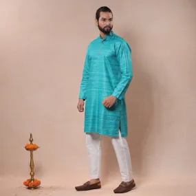 Aqua Blue - Men Tussar Ghicha Silk Handloom Long Kurta