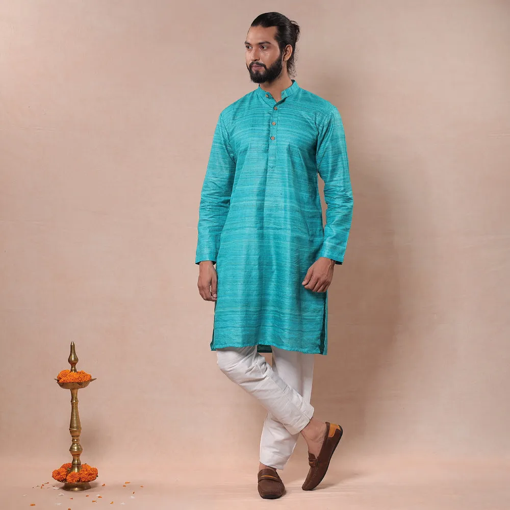 Aqua Blue - Men Tussar Ghicha Silk Handloom Long Kurta