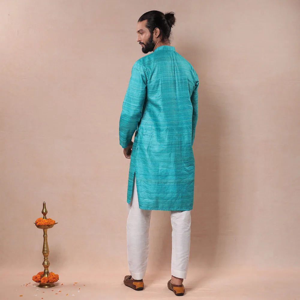 Aqua Blue - Men Tussar Ghicha Silk Handloom Long Kurta