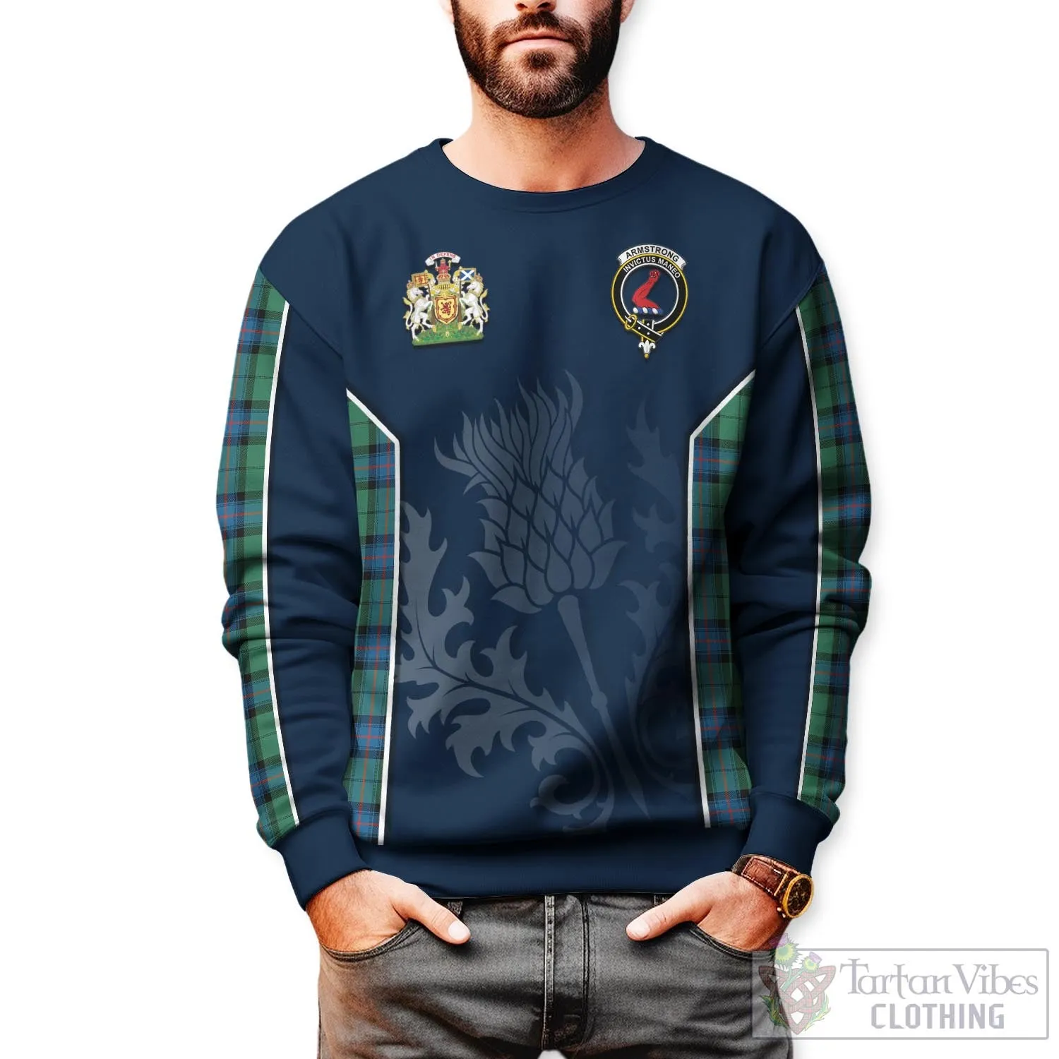 Armstrong Ancient Tartan Sweatshirt with Family Crest and Scottish Thistle Vibes Sport Style