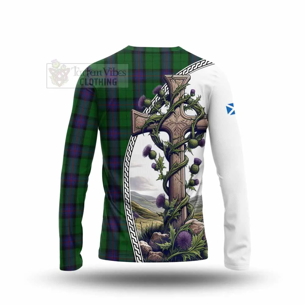 Armstrong Tartan Long Sleeve T-Shirt with Family Crest and St. Andrew's Cross Accented by Thistle Vines