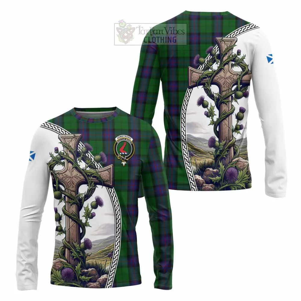 Armstrong Tartan Long Sleeve T-Shirt with Family Crest and St. Andrew's Cross Accented by Thistle Vines