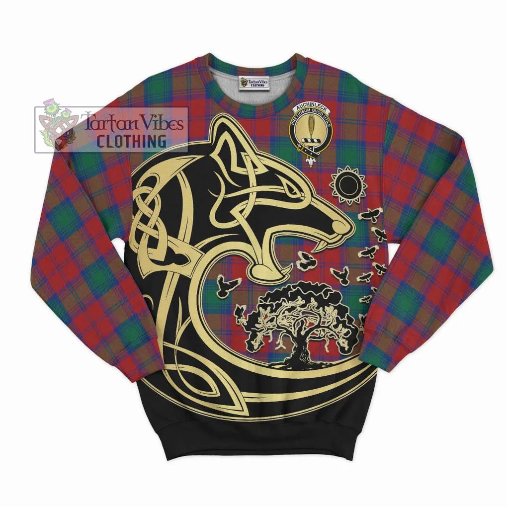 Auchinleck (Affleck) Tartan Sweatshirt with Family Crest Celtic Wolf Style