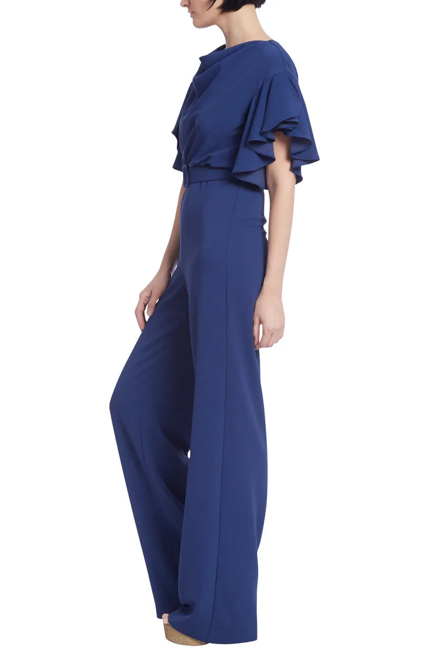 Badgley Mischka cowl neck drapey sleeve belted zipper closure solid stretch crepe jumpsuit