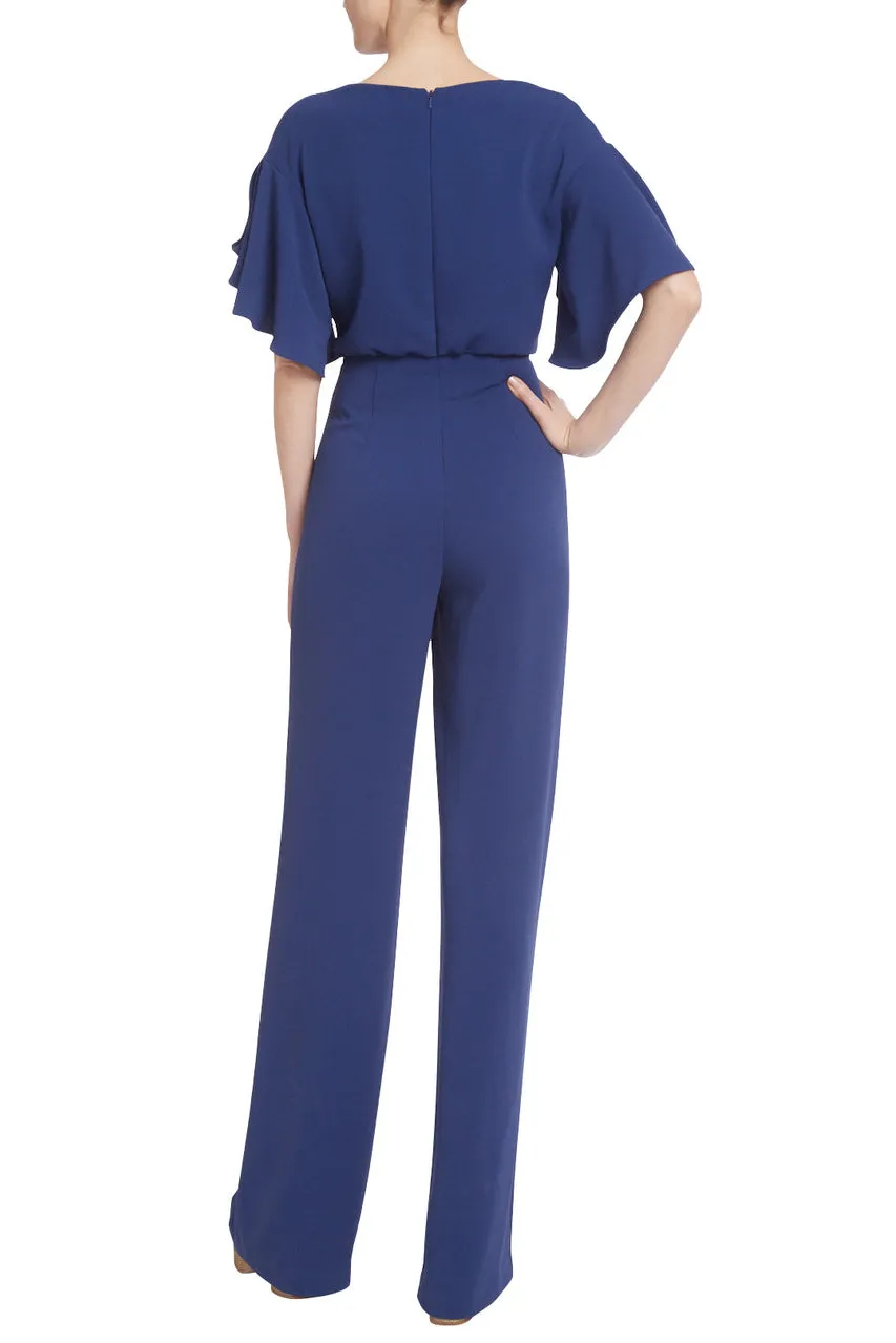 Badgley Mischka cowl neck drapey sleeve belted zipper closure solid stretch crepe jumpsuit