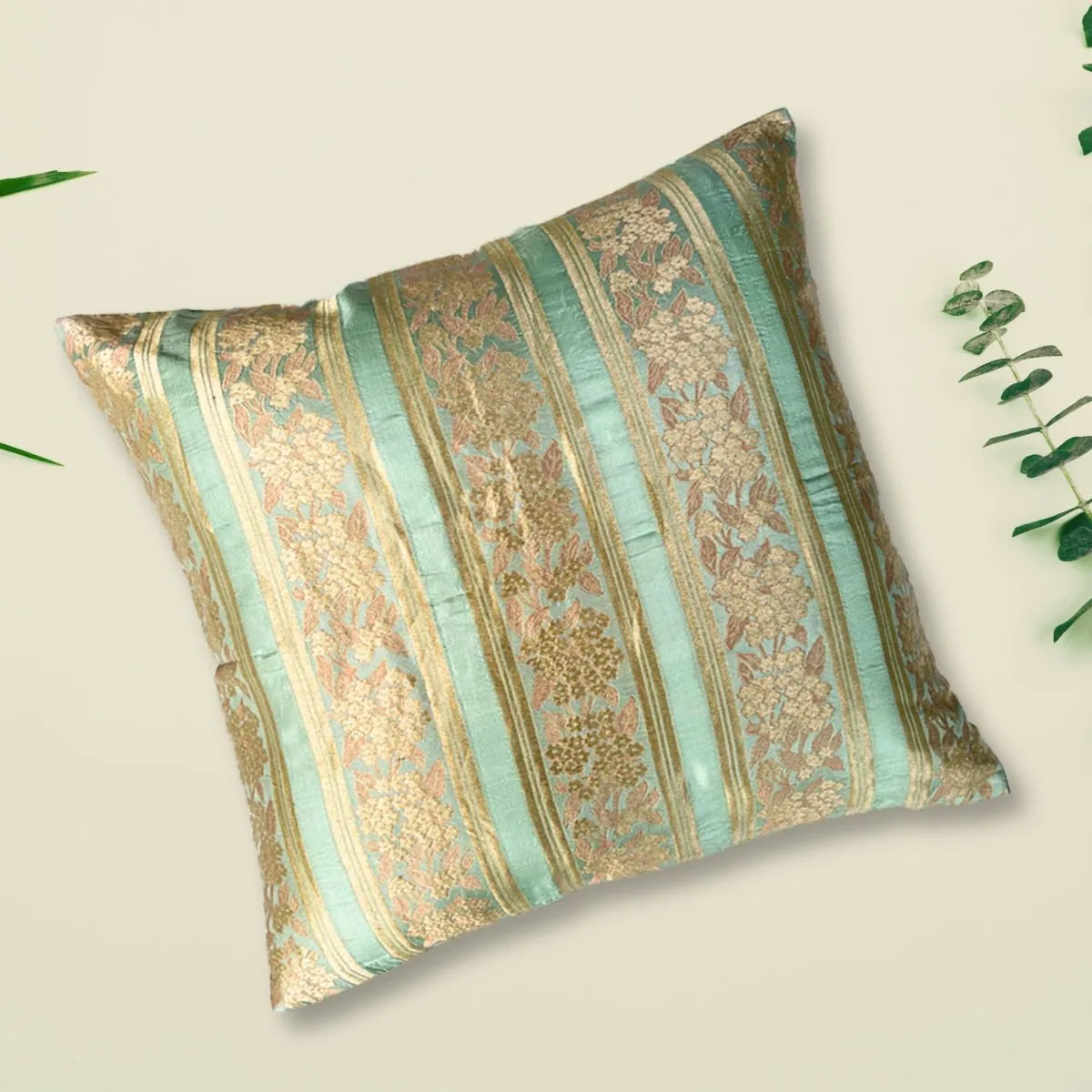 Banarasi Silk Cushion Cover in Aqua-Green