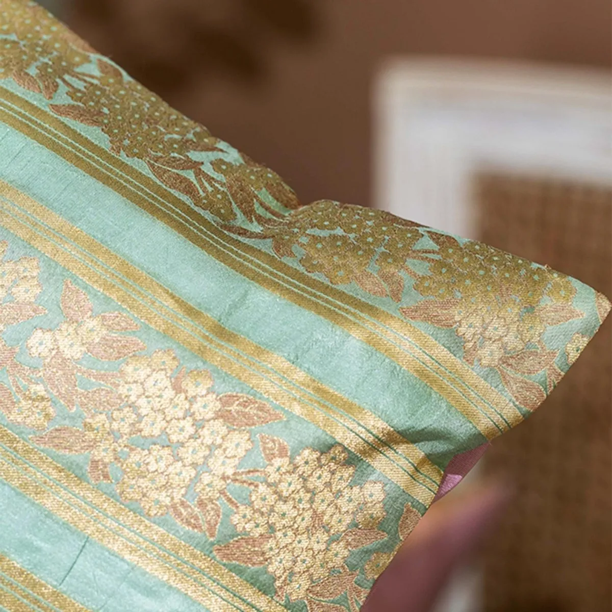 Banarasi Silk Cushion Cover in Aqua-Green