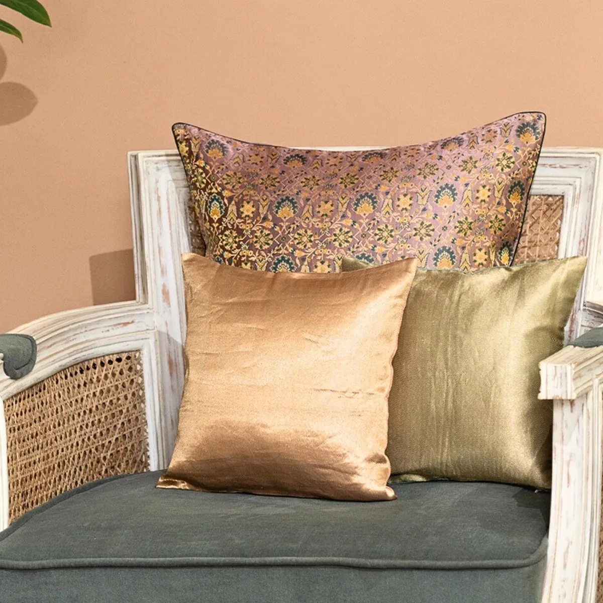 Banarasi Silk Cushion Cover in Blush Gold