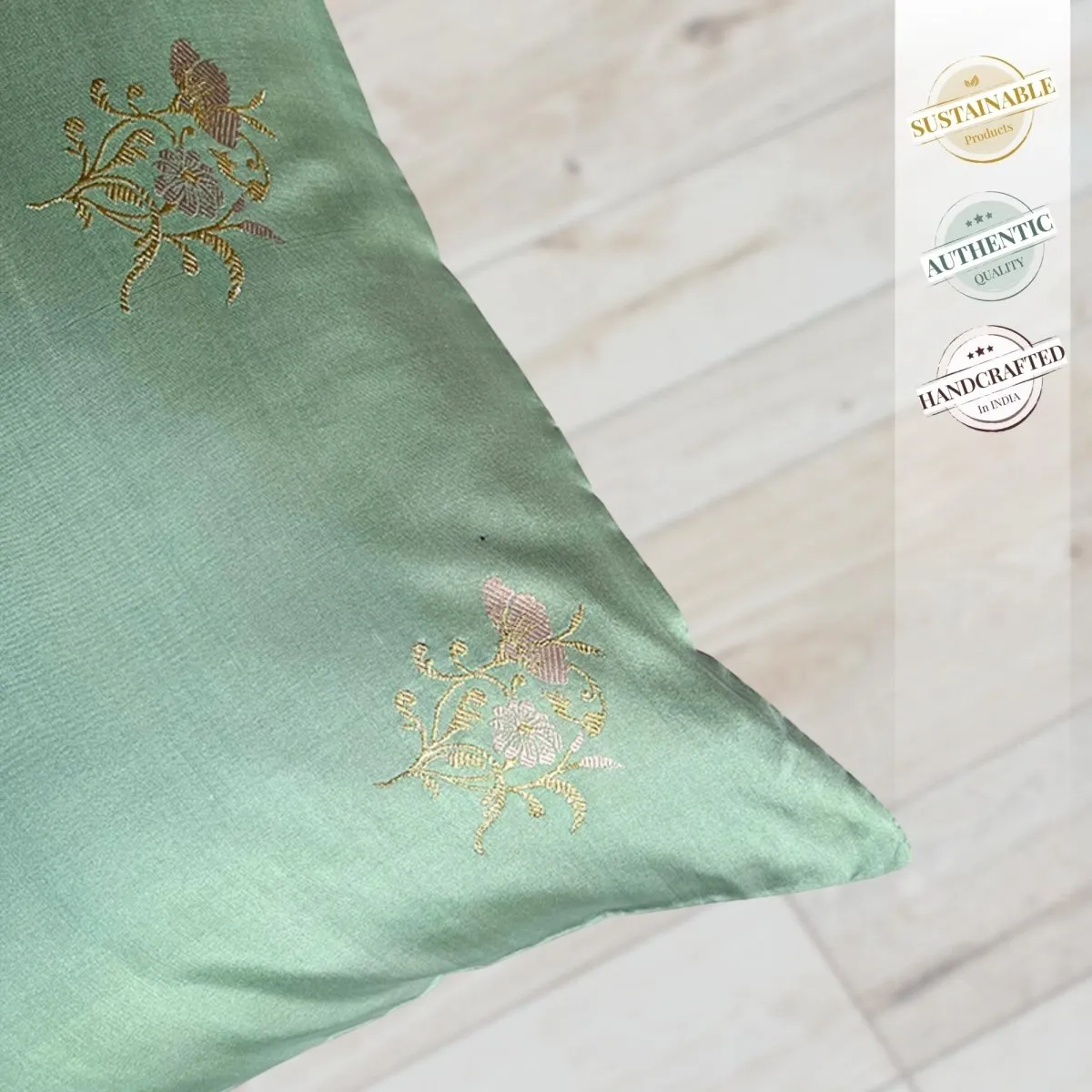 Banarasi Silk Cushion Cover in Pistachio Green