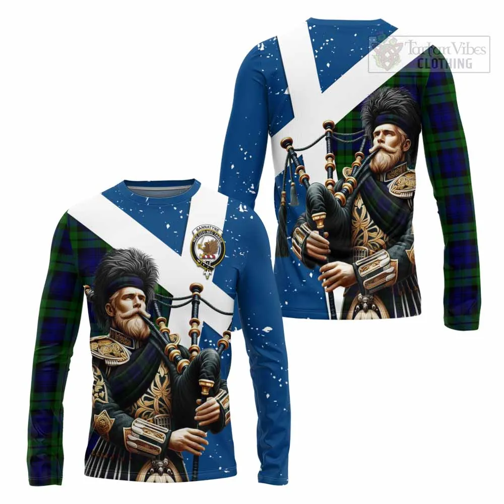 Bannatyne Tartan Long Sleeve T-Shirt with Family Crest Scottish Bagpiper Vibes